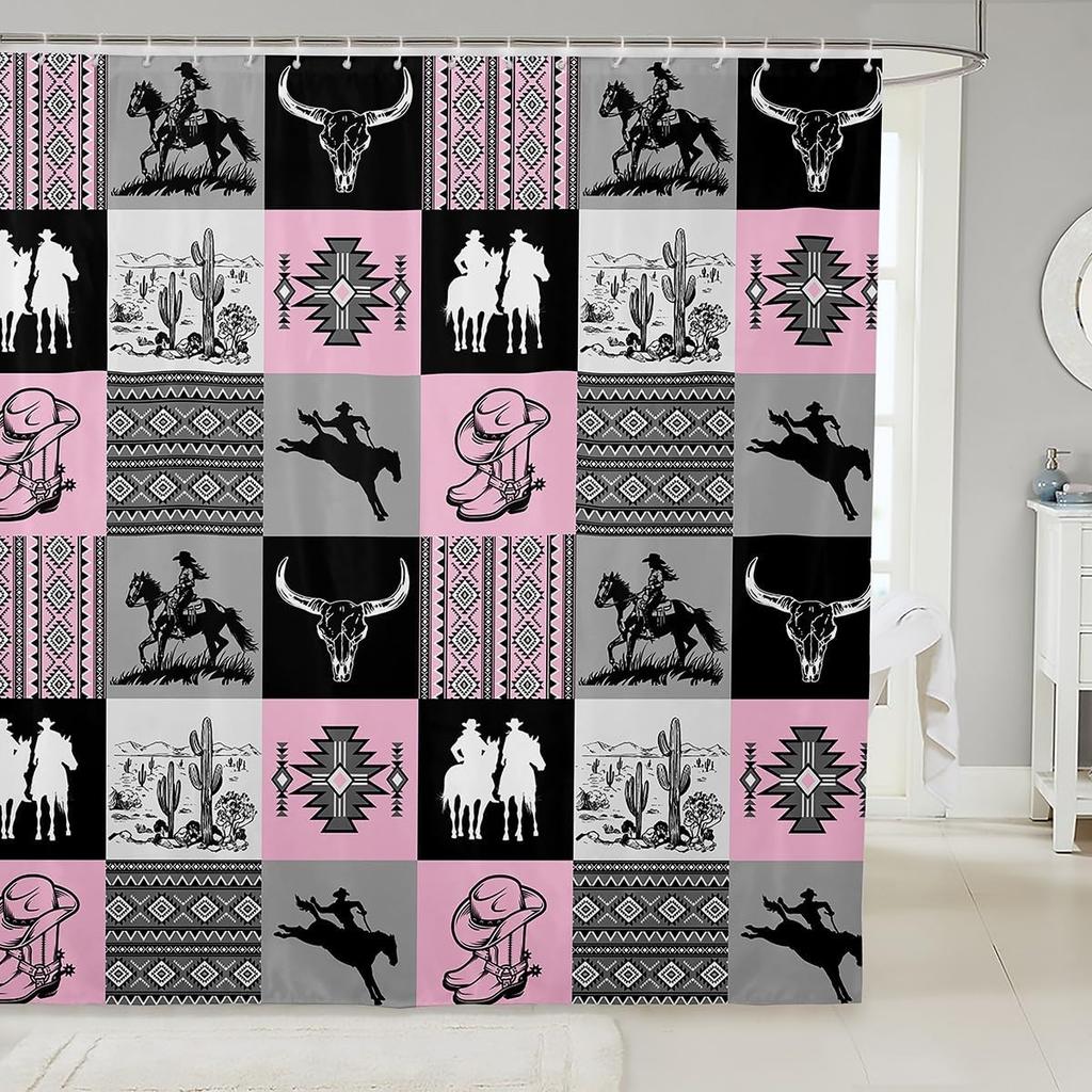 Southwest Shower Curtain, Geometric Aztec Tribal Pattern Bathroom Curtain Vintage Striped Western Waterproof for Kids Girls