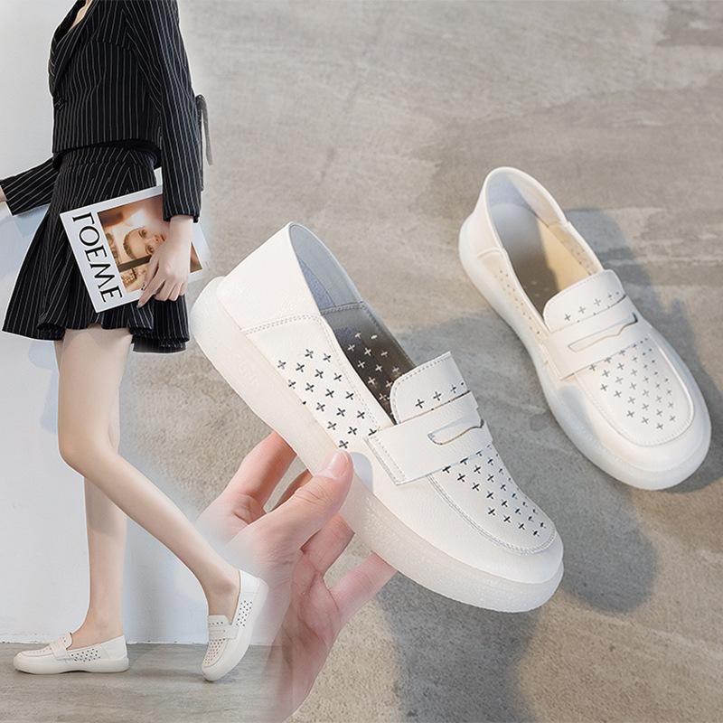 Fashion GKTINOO Loafers Ladies Genuine Leather Large Size Summer Hollow Slip On White Shoes Women Fashion Casual Soft Sole Flat Shoes