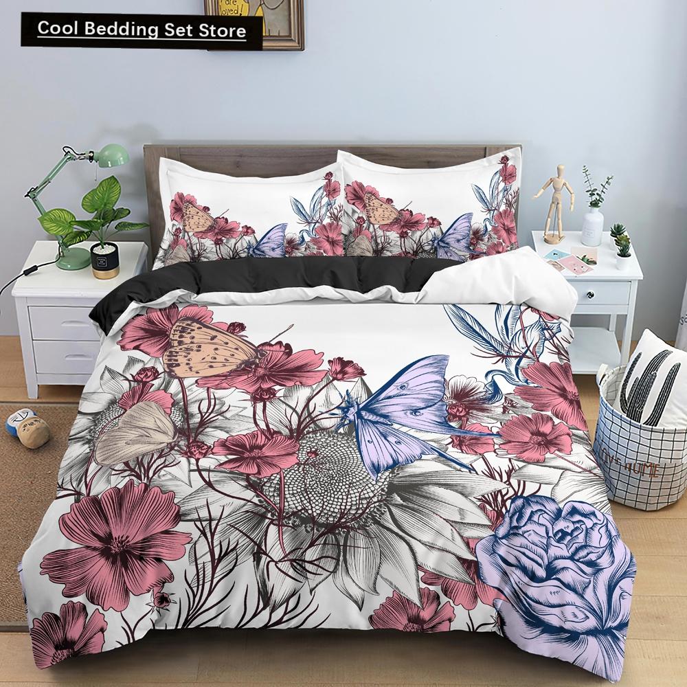 Butterfly Duvet Cover King Queen Size Animal Floral Bedding Set for Teens Adults Beautiful Flower 2/3pcs Polyester Quilt Cover