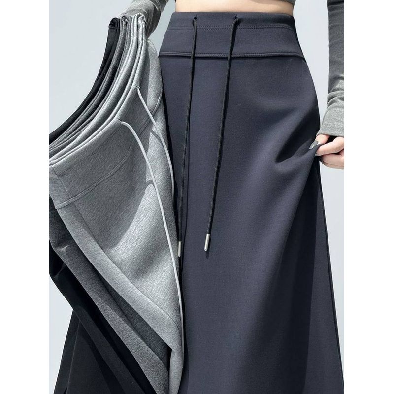 Gray Sports Skirt New Style High-Waisted Straight-Cut Slit Elastic Slimming Drape Drawstring Casual Long Skirt