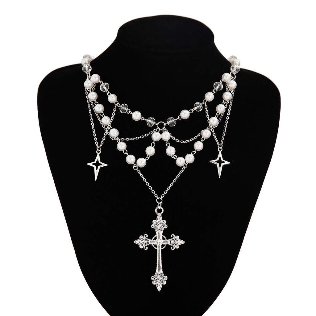 Cyberpunk Cross Pendant Necklace For Women Personalized Metal Rivets Imitation Pearl Collarbone Necklace