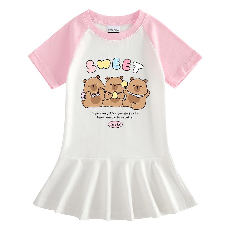 Sommer Cartoon Raglan Colorblock Kleid: Süßes Mädchen-Kleid mit Faltenrock und Rüschen
