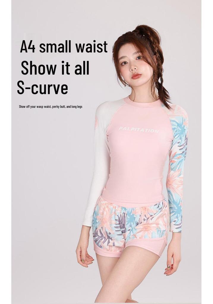 Hao Zhi Lang Women's Pink Long-Sleeve Swimsuit with Boy Shorts - Nylon Swimwear for Pools