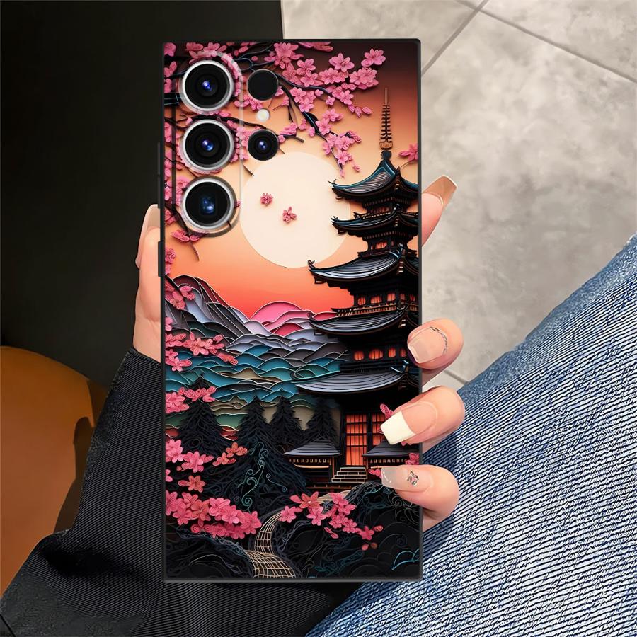 Japanese Ancient House Painting Case for Samsung Galaxy S23 Ultra S25 Edge S24 Plus S20 S21 FE Black Soft Phone Cover