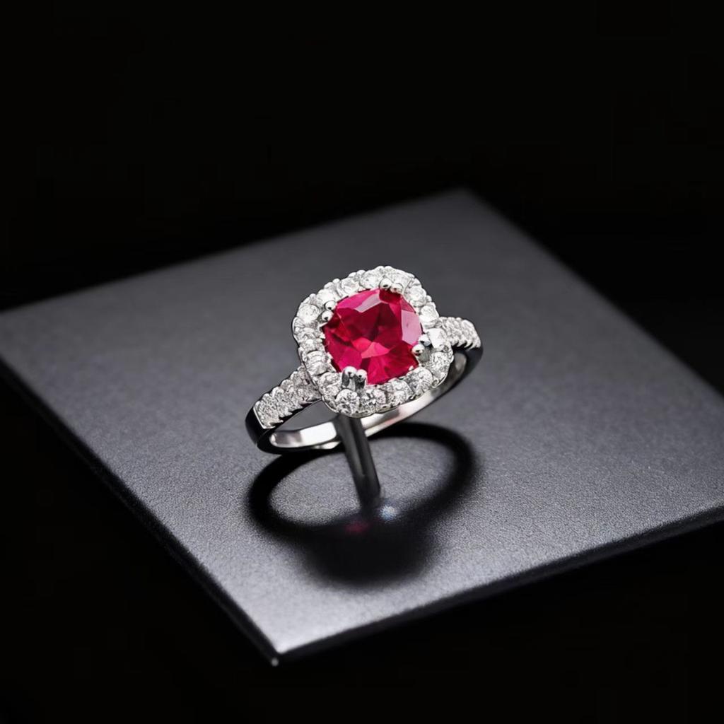 Deluxe Simulated Natural Emerald Ruby Square Bag Ring Women'S Light Luxury High-Texture High-Carbon Diamond Ring