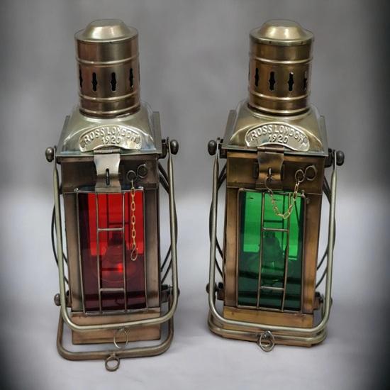 Brass Set of 2 Lantern Red, Green Glass Nautical Beach Lantern Decor Hanging Oil Lamp Ship Lantern 30.48 Cm
