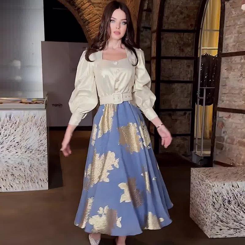 Dámská podzimní evropská a americká jednobarevná halenka a potištěná midi sukně, dvoudílný set