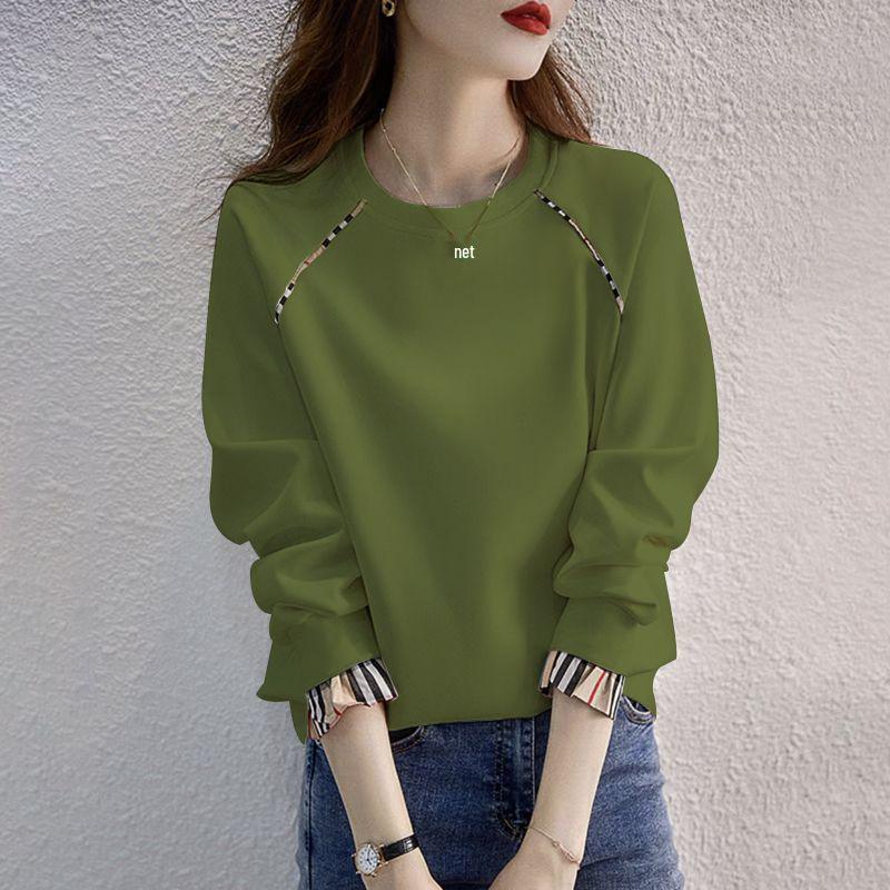Women's Loose Fit Cotton Pullover - Korean Style, Long Sleeve, Round Neck, Fake Two-Piece, 2025 Spring/Autumn Collection