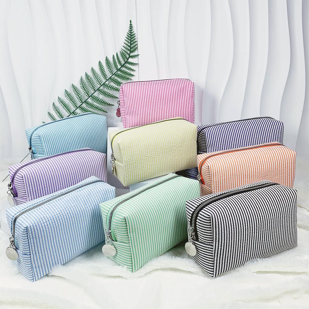 Seersucker Makeup & Toiletry Bag: Large Capacity, Embroidered, Striped Travel Clutch