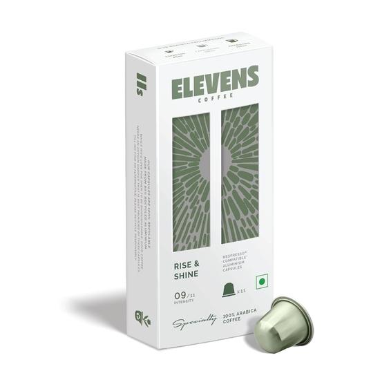 

ELEVENS COFFEE | Rise & Shine | Specialty Coffee Capsules | 100% Arabica | 11 Aluminium Coffee Pods (10 + 1) | Dark Roast | Intensity 9