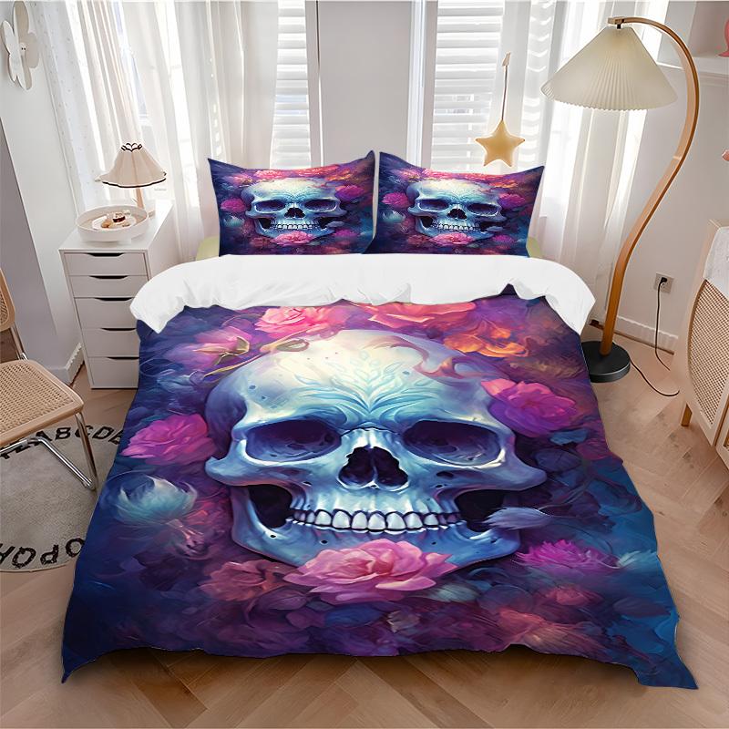 

3pcs bedding set Skull Roses Includes 1 Comforter + 2 Pillowcases, Without Pillow Inserts, Soft Comfortable, Lightweight Breathable099 135x200cm