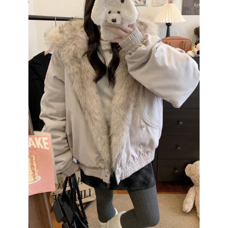 Winter Short Hooded Parka with Big Fur Collar Thick Cotton Jacket for Women