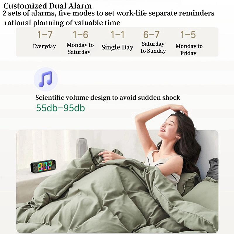 11 Farben RGB Digitaler Wecker Woche DST Unbegrenzter Schlummer Tischuhr 12/24H 2 Alarme Nachtmodus USB-Ausgang LED Spiegeluhr