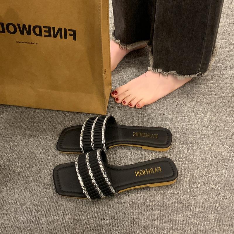 Fairy Wind Pleated Rhinestone Cool Slippers Female Summer New Outer Wear Square Head Flat Bottom One-word Slippers Large Size Cool Slippers