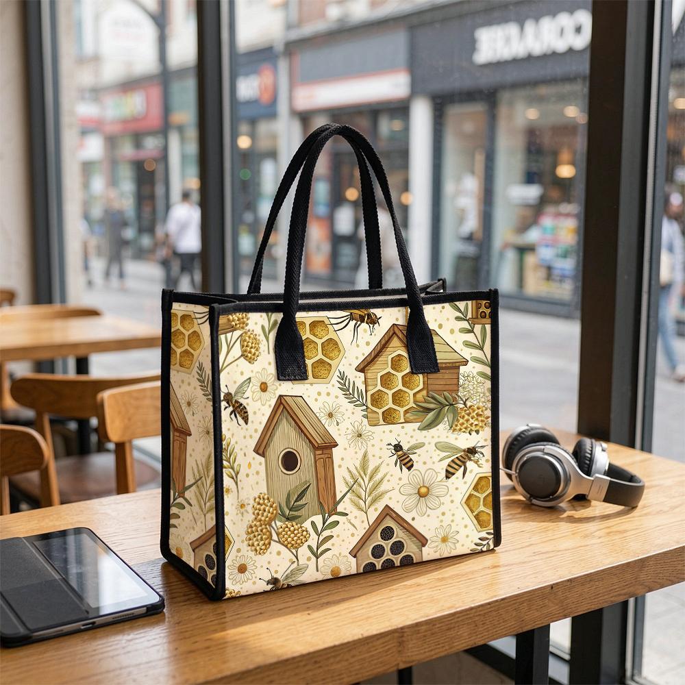 Bee Pattern Tote Bag Cute Outdoor Daily Use Portable Stylish Handbag For Women 