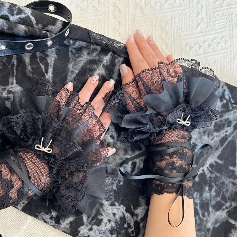 Lace Multilayer Flower Cuff Sweet Bow Decoration Hand Sleeves White Summer Ladies Ruffle Fingerless Wedding Gloves