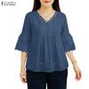 ZANZEA Women Casual V-Neck 3/4 Sleeve Loose Lace Patchwork Blouse
