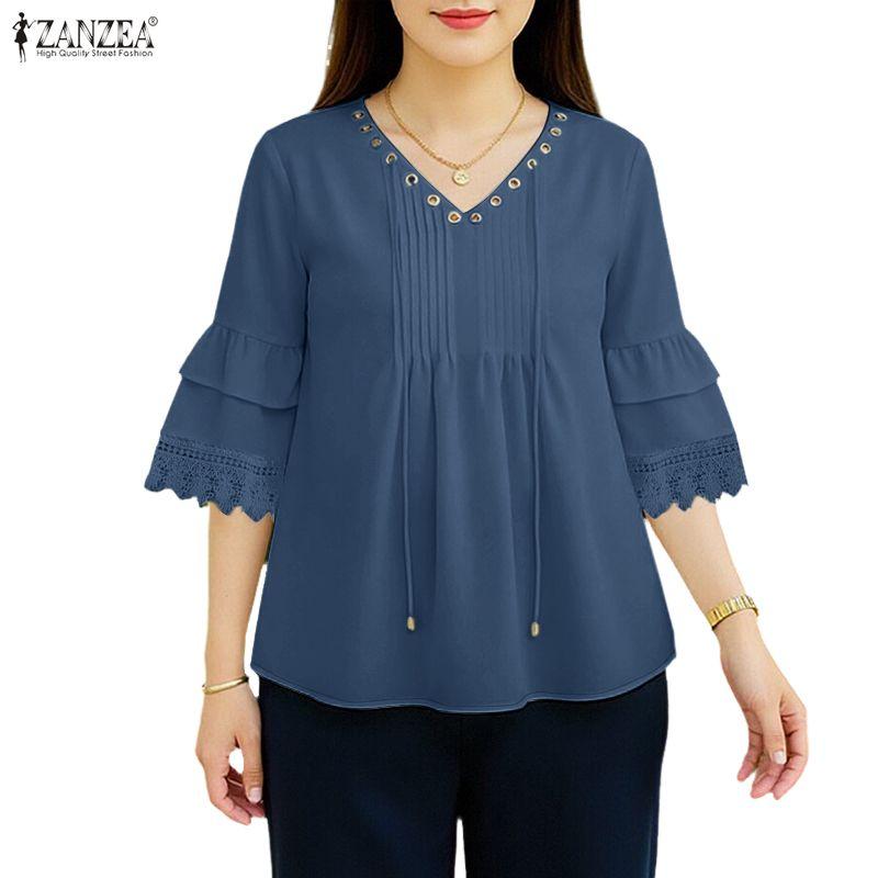 ZANZEA Women Casual V-Neck 3/4 Sleeve Loose Lace Patchwork Blouse