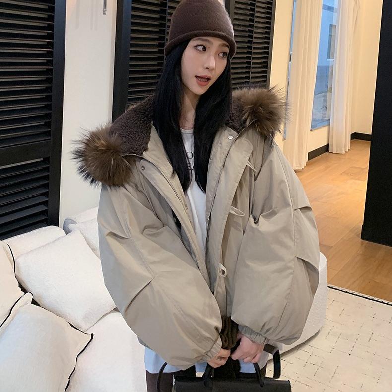 

Korean Style Women Hooded Short Coat Horn Buttons Big Fur Collar Winter Warm Thickened Workwear Jacket M