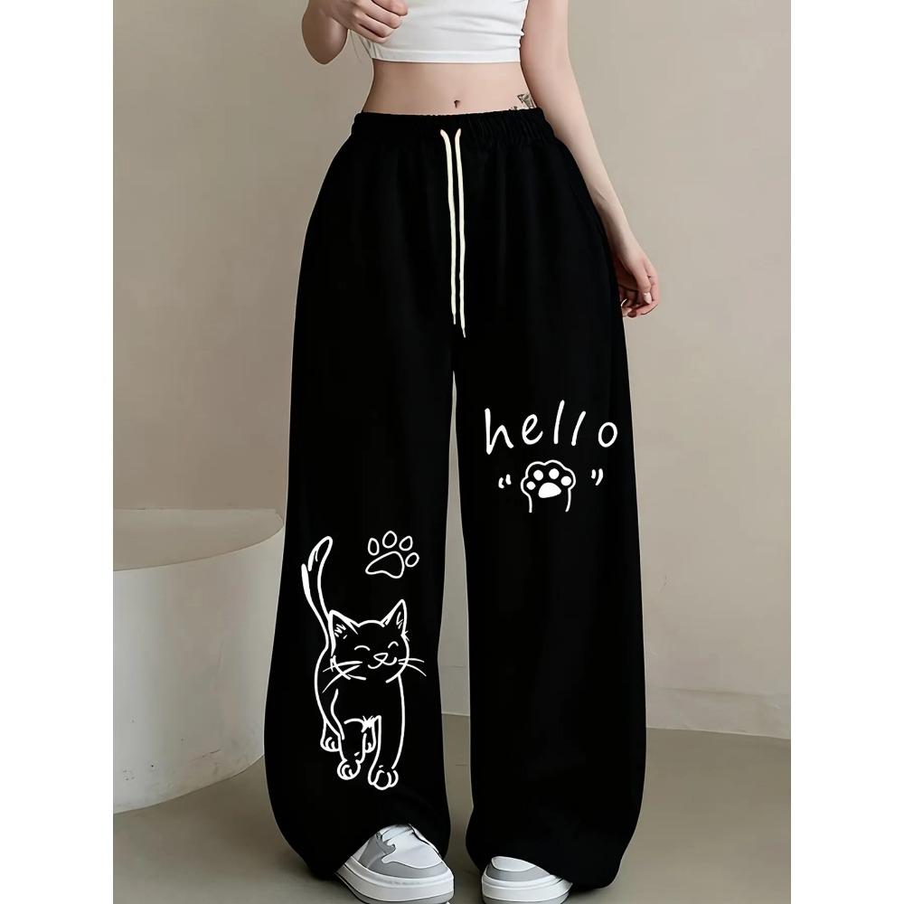 Pantaloni della tuta casual da donna e bambino in stile street con simpatico motivo a gatto Nuovi arrivi per la primavera Vestibilità Streetwear