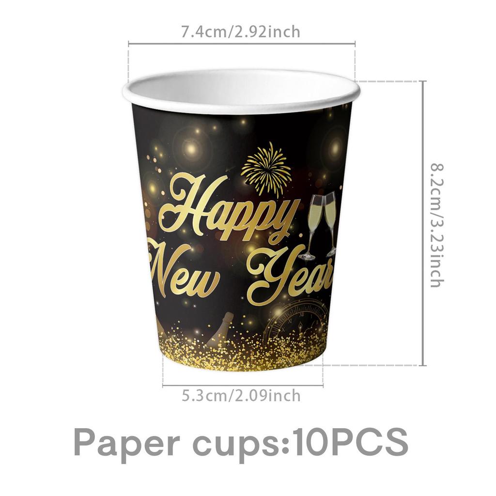 New Year 2026 Black and Gold Party Set: Paper Plates, Napkins, Pull Flag, Tablecloth