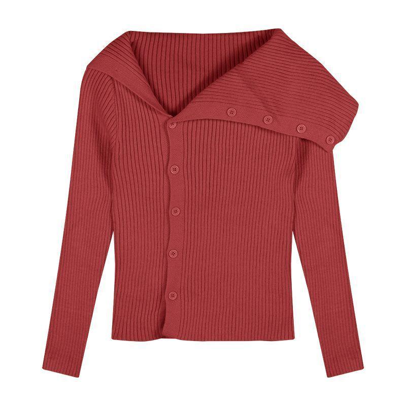 Korean Style Off-Shoulder Knit Cardigan - Women's Autumn/Winter Slim Fit Sweater with Turn-Down Collar