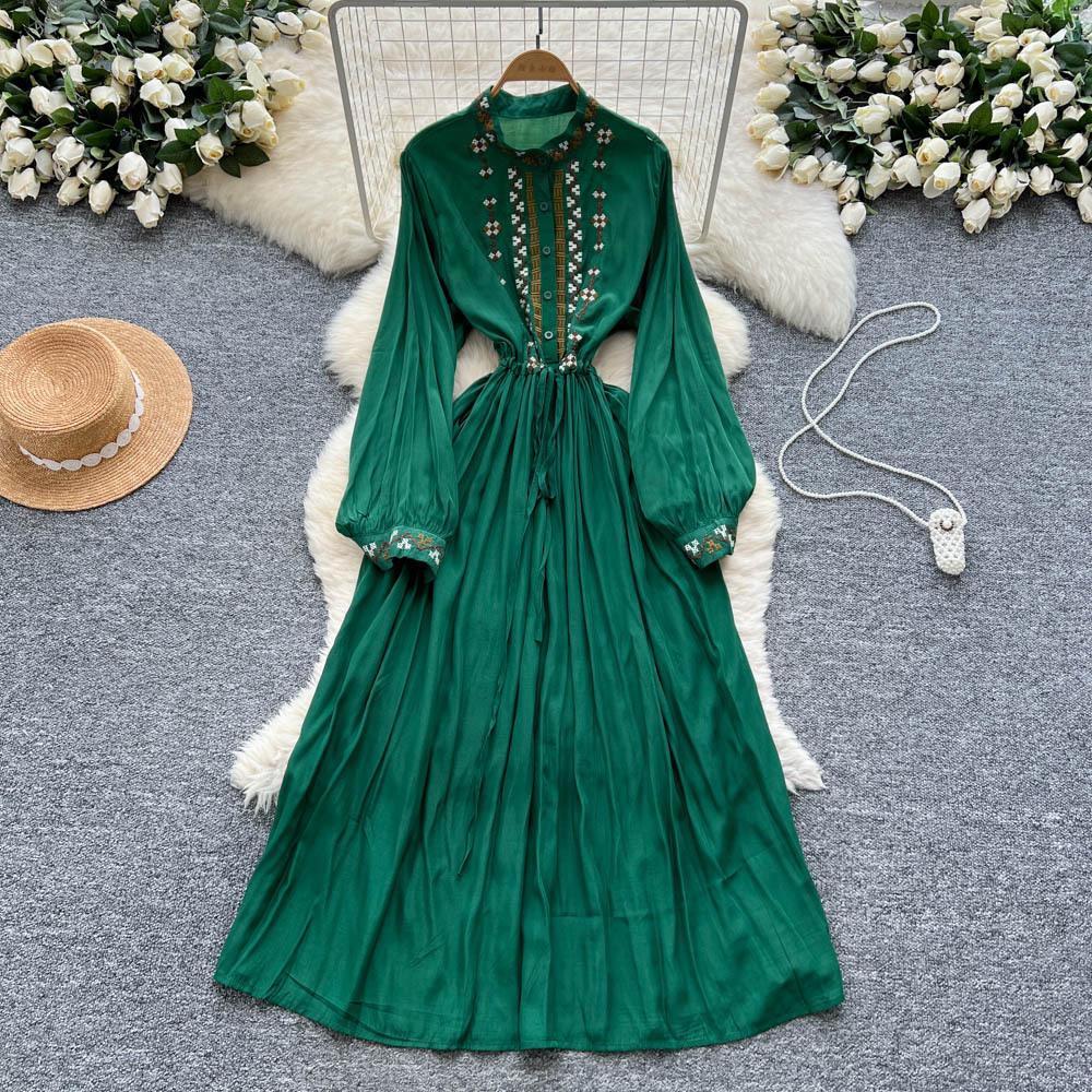 

Платье в ретро этническом стиле с тяжелой вышивкой для женщин, модное, с кисточками на талии, приталенное, богемное, драпированное, с большим подолом, пляжное, длинное One Size темно-зеленого
