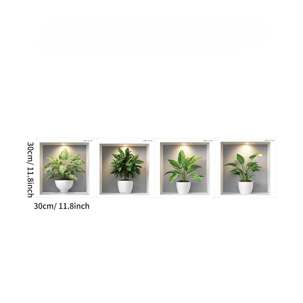 New 4PCS Tropical Green Plants Potted Plant Wall Stickers for Bedroom, Living Room, Entrance, Home Wall Decoration Stickers