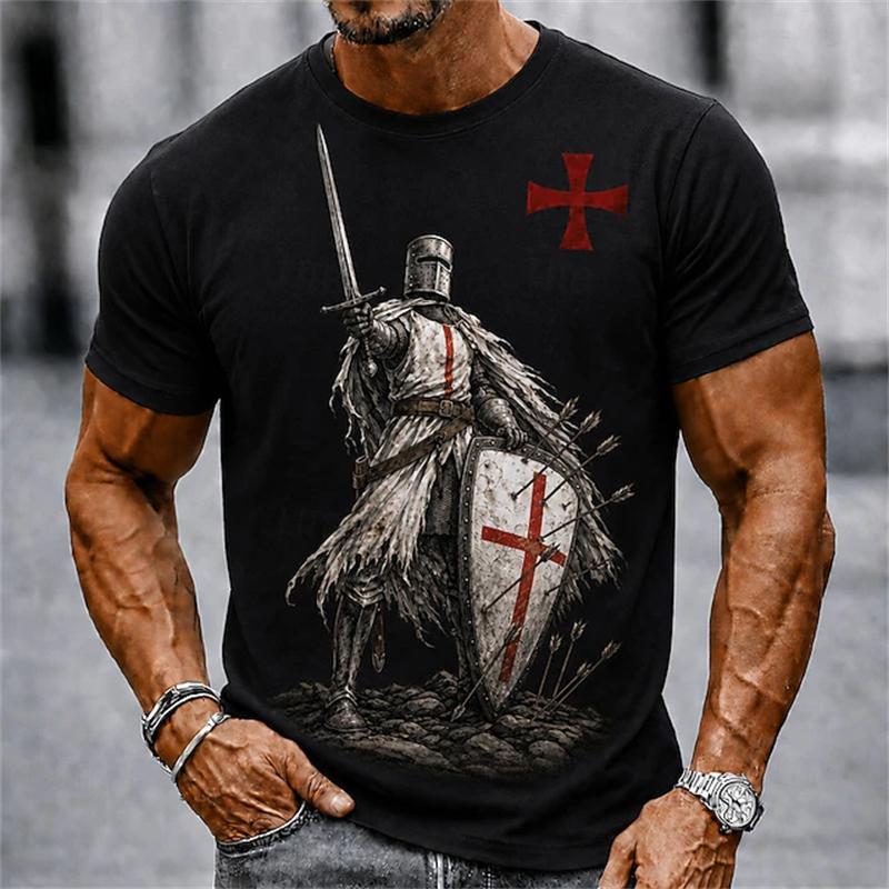 2026 Sommer Retro Herren Templer Kreuzritter T-Shirt Kurzarm T-Shirt 3D-Druck Rundhals Religiöser Stil Festliches Outfit