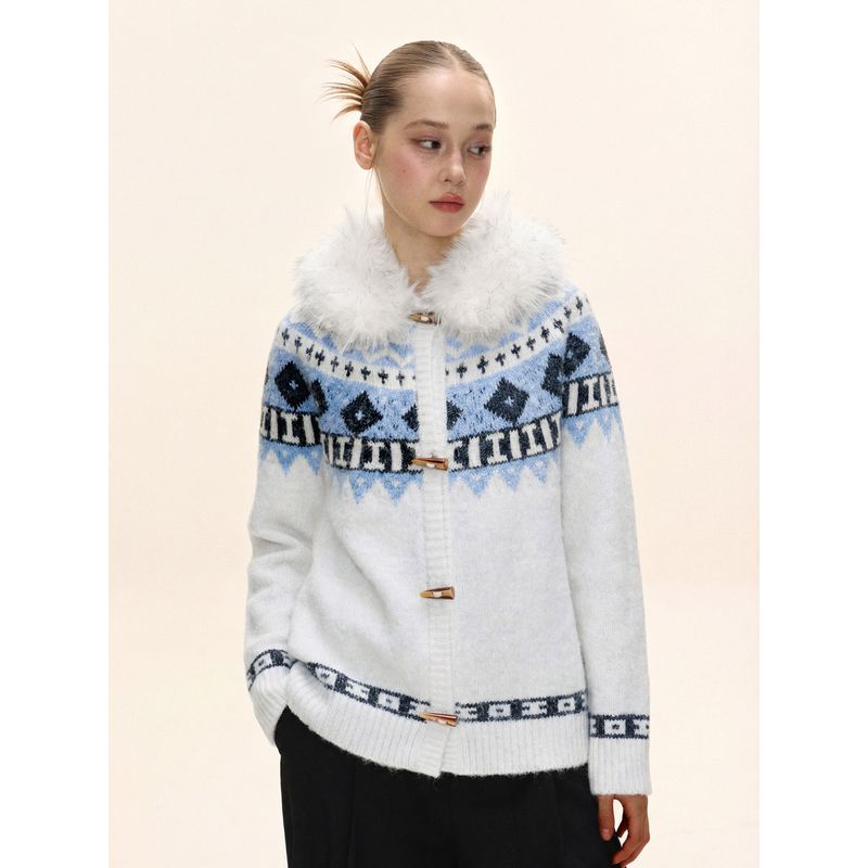 Shiyiyue Detachable Fur Collar Knit Sweater for Women, Autumn and Winter, Horn Button, Color-Blocking, Christmas Outfit, Lazy Loose Sweater