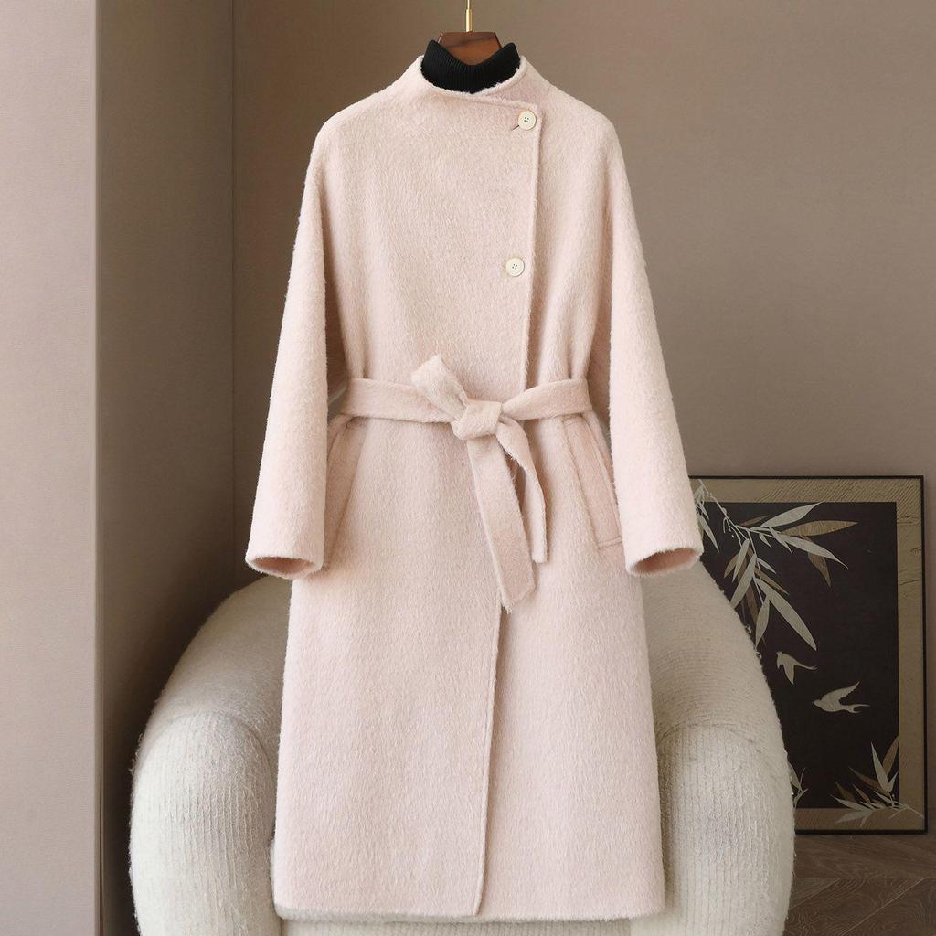 2026 Spring Alpaca Double-Faced Wool Plus Size Women's Long Belted Coat