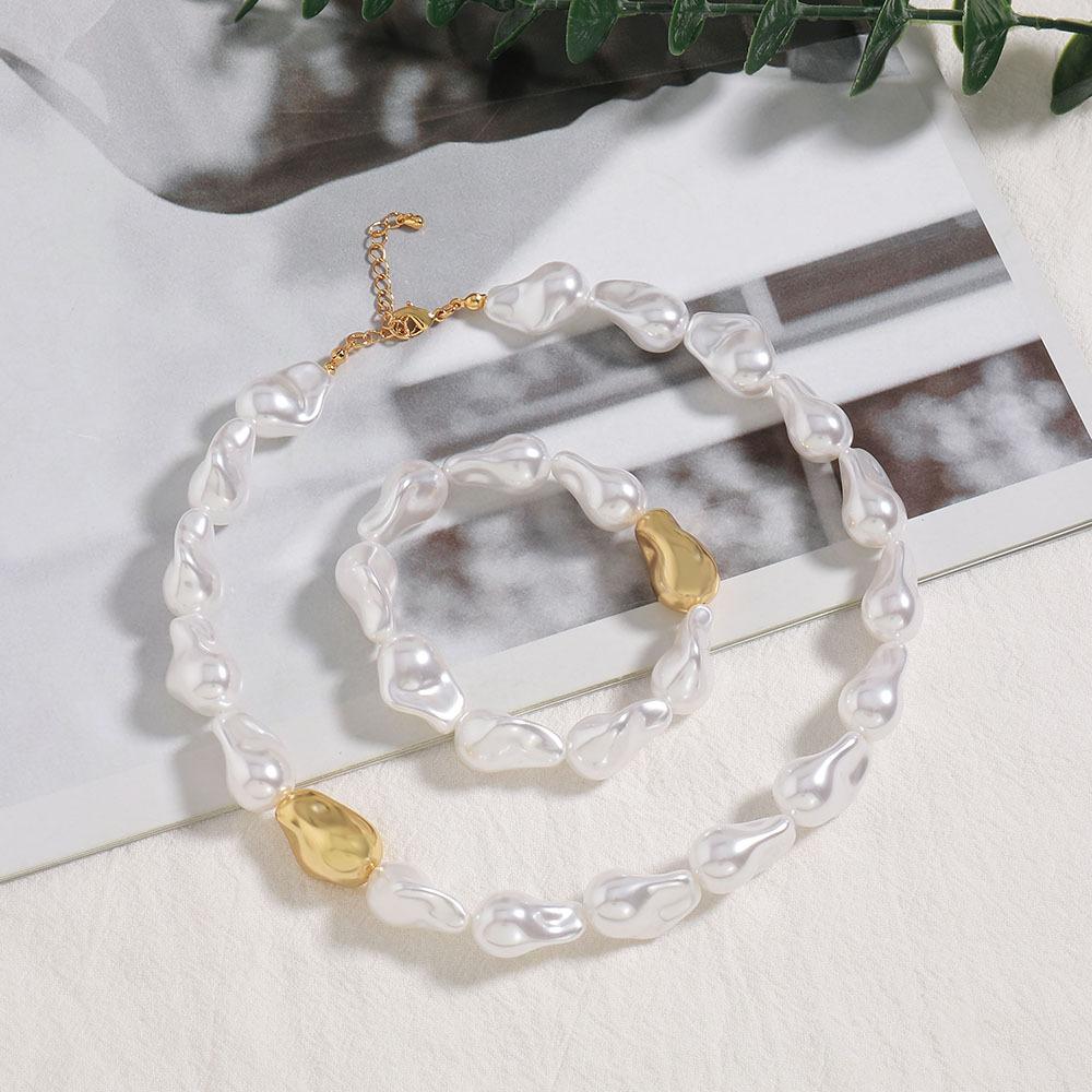 GEMCHIC Women's Irregular Baroque Pearl Necklace and Bracelet Set, Gold Tone Alloy Jewelry