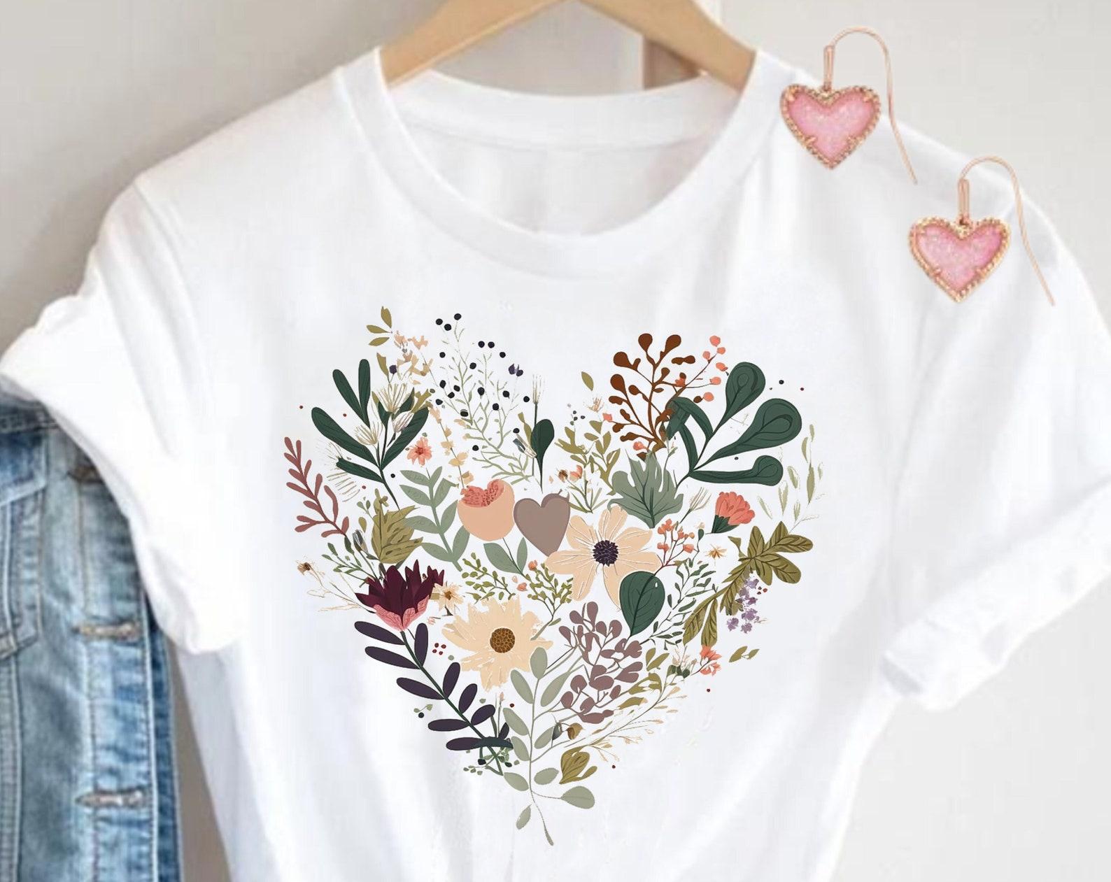 Floral Heart T-Shirt, Wildflower Botanical Design, Women s Tee 3XL