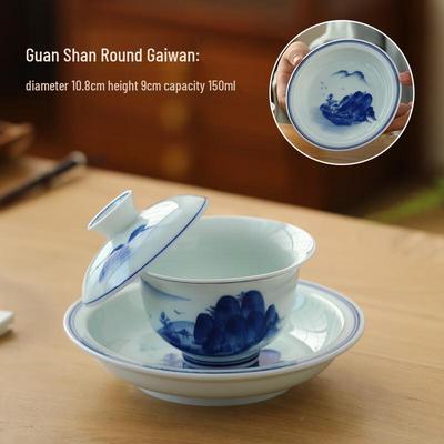 Guanshan Hand-Painted Blue & White Ceramic Gaiwan