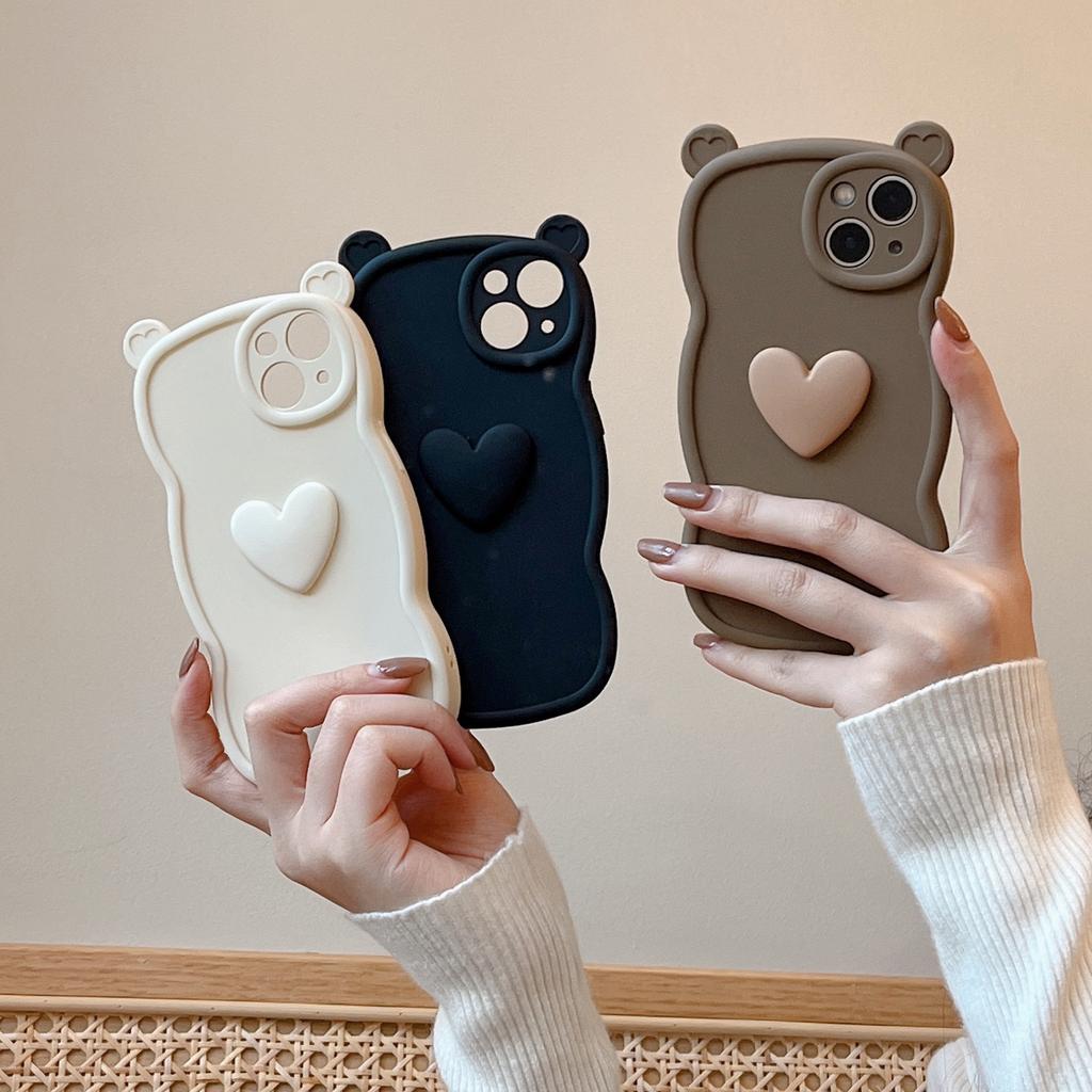 Bear Ears 3D Heart Compatible with iPhone 16 Pro Max Apple 17 Phone Case 15/14 Matte Soft Case
