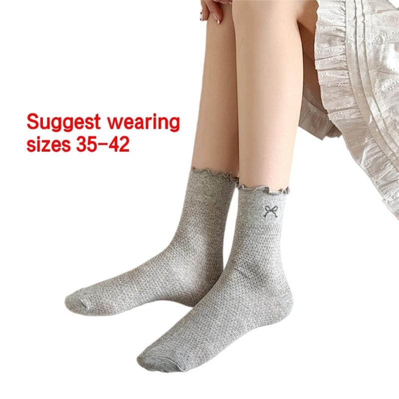 Elegant Embroidered Bowknot Mesh Middle Calf Socks Comfortable Stretch Cotton Solid Ruffle Frilly Ankle Socks for Women