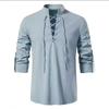 Spring and Autumn Men's European Size Cotton and Linen Henley Long Sleeve Hippie Casual Beach Stand Collar Shirt