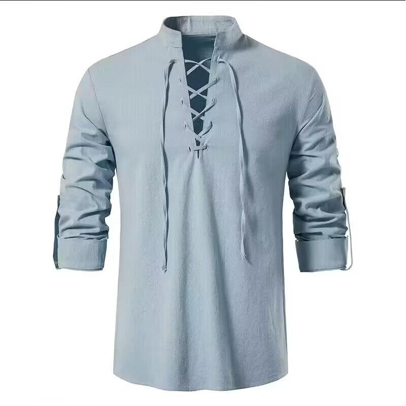 Spring and Autumn Men's European Size Cotton and Linen Henley Long Sleeve Hippie Casual Beach Stand Collar Shirt