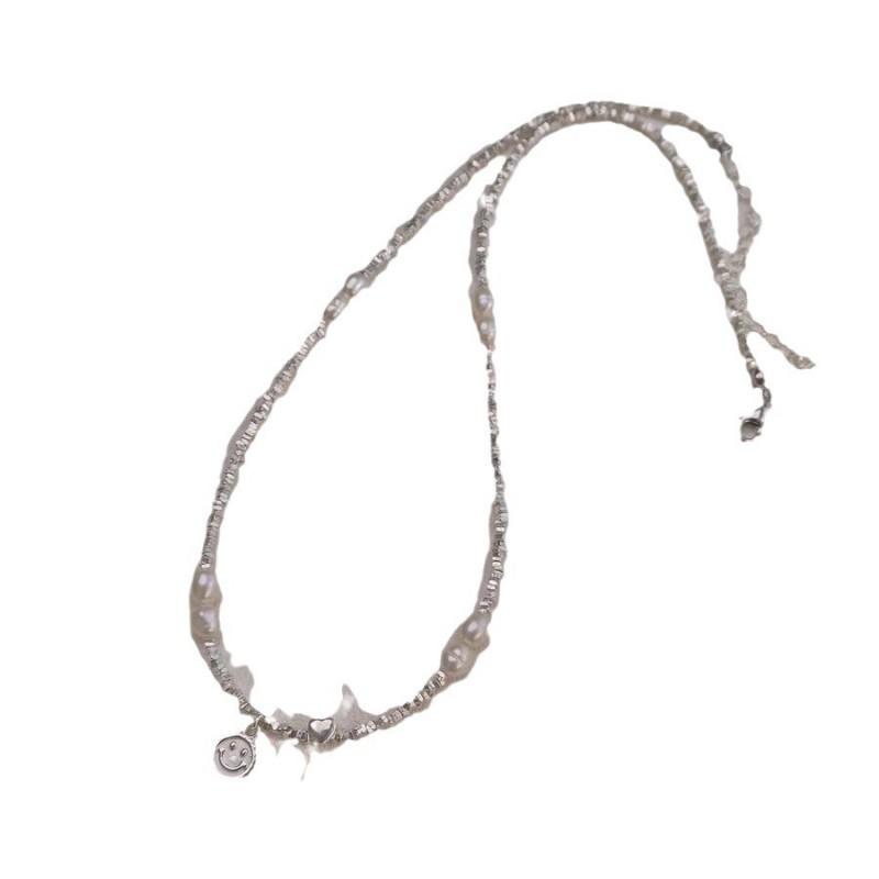 Handmade Minimalist Freshwater Pearl Necklace Women 5-6mm Silver-Tone Geometric Choker With Sterling Pendant