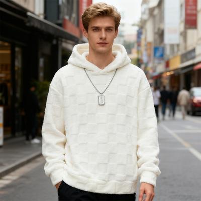 Fall Winter Men Hoodie Solid Color Plaid Loose Casual Hooded Sweatshirt Breathable Thick Warm Plush Long Sleeves Pullover Top
