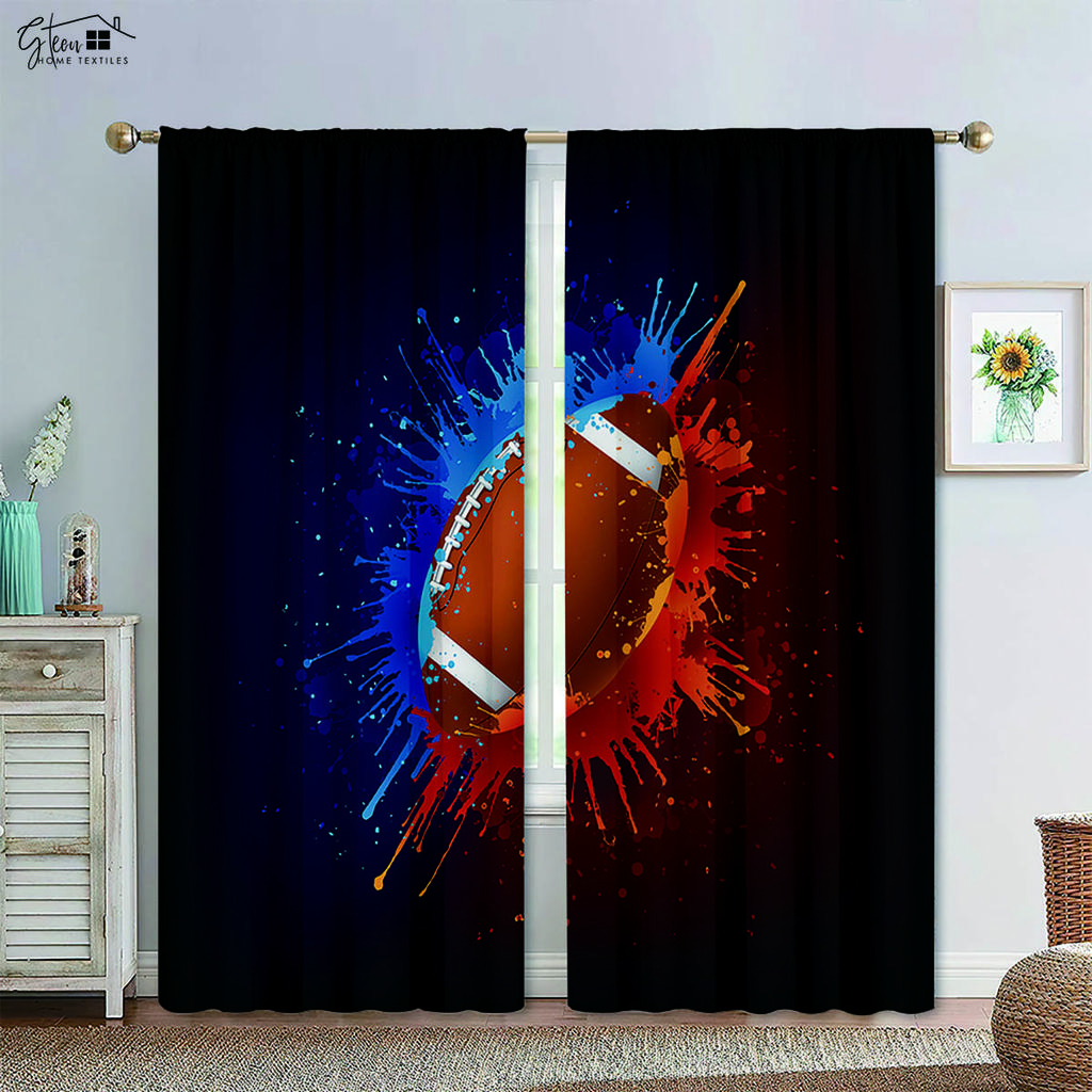 Basketball Football In Water and Fire Black Print Curtain Rod Pocket Machine Washable Bedroom Living Room Decorative Curtains