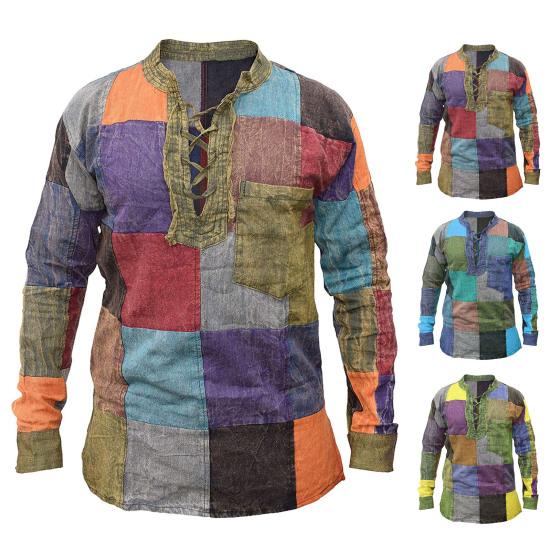 

Мужская рубашка в стиле пэчворк на шнуровке, винтажный красочный осенний топ с длинным рукавом