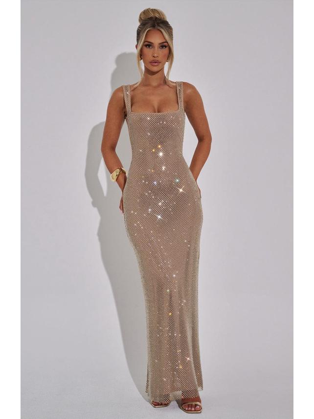 Elegant 2025 Sequin Rhinestone Bodycon Evening Dress with Double Shoulder Strap