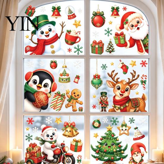 Winter Seasonal Room Decor 6Pcs Christmas Window Cling, Santa Snowman Penguin Reindeer Static Glass Cute Cartoon Adhesives Decals for Storefront,
