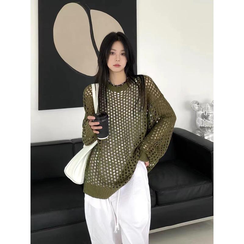 2025 Women's Korean Knit Hollow-Out Sun Protection Cardigan - Summer Thin, Loose Long-Sleeve Design