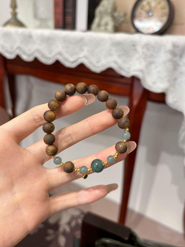 Hainan Agarwood & Jade Bead Bracelet - 8mm High-Quality Wenwan Design