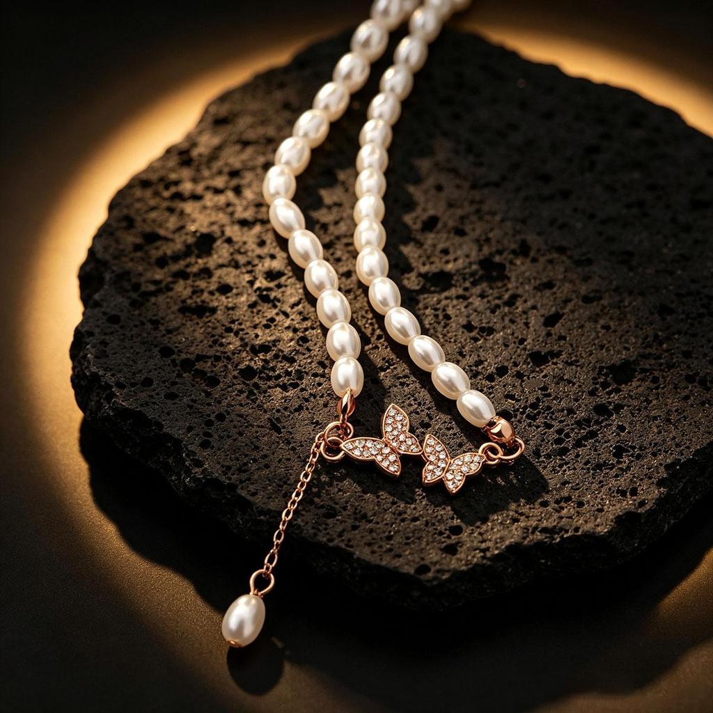 Dreamy Butterfly Tassel Imitation Pearl Necklace for Women, Everyday Collarbone Chain Fashion New Style Woolen Necklace Accessory