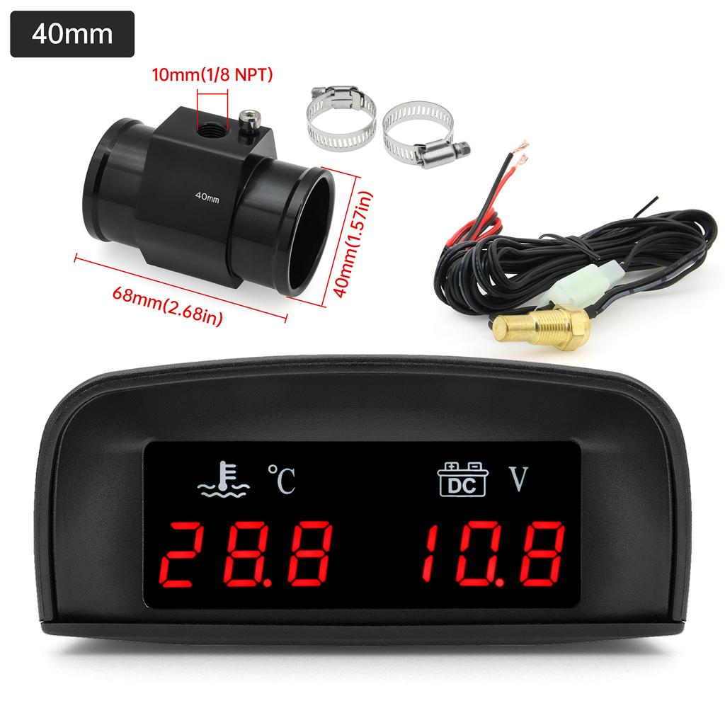 2 In 1 Car Water Temperature + Voltage Gauge LCD Display Digital Water Temp Gauge Voltmeter With 1/8 NPT Sensor Adapter 12V 24V