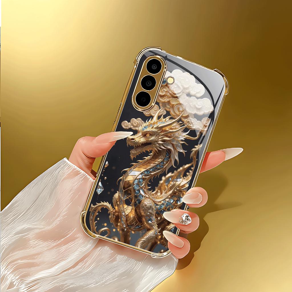 Golden Dragon Circling In The Clouds Gold-Plated Four-Corner Glass Phone Case for Ultra S22 Ultra S20 Ultra 56 A72 A73 5G