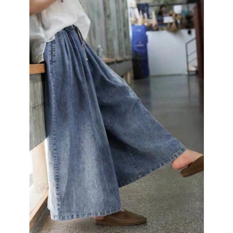 Damenjeans Schnürung Denim Weiter Bein Hosen Literarisch Retro Locker Lässig Gewaschene Hosen